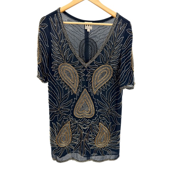 Haute Hippie Tops - Haute Hippie Silk Beaded Tunic Top Womens M Navy Gold Paisley Mini Dress Flawed